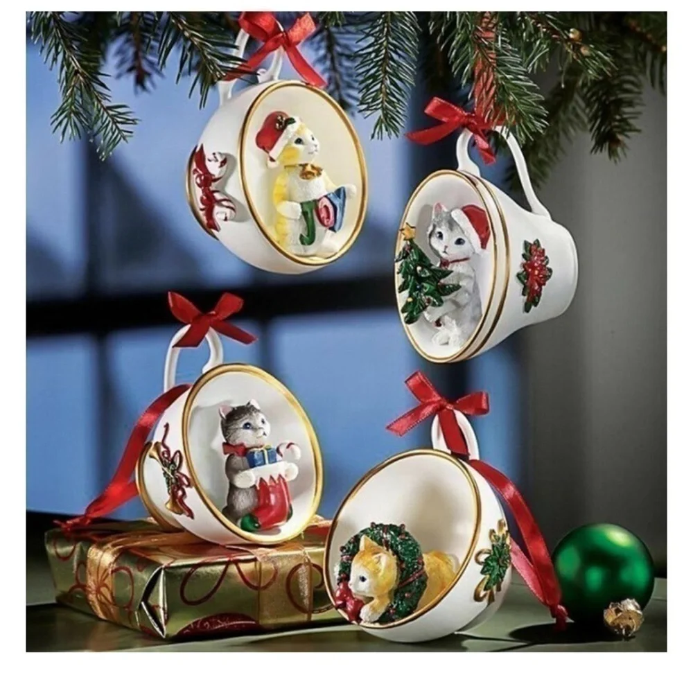Cat Snowman Family Tea Cup Ornament Painted Resin Crafts Creative x4
